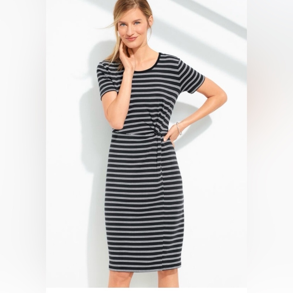 Preppy Striped Midi Dress Jersey Stretch Size 12 Casual Nautical Beachy Neutral - Picture 1 of 11